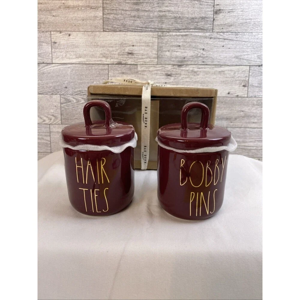 Rae Dunn HAIR TIES and BOBBY PINS 2 Small Ceramic Canisters Looped Lids Burgundy